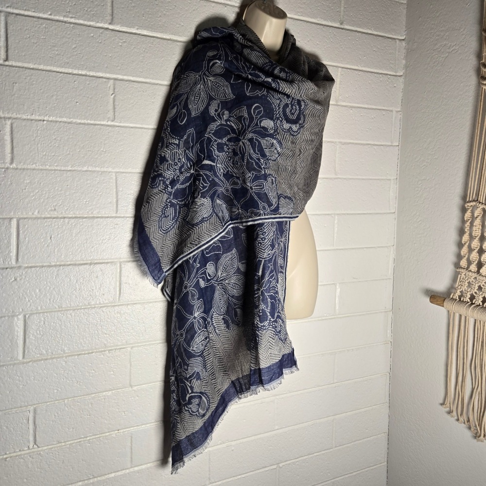 Nalini Women Scarf Floral Herringbone 100% Cotton Blue Grey Oversized Wrap OS